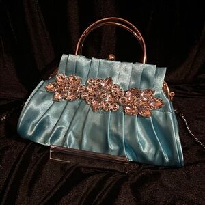 Blue Satin Clutch with Jeweled Embellishment
